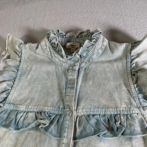 Entro Dress Womens Small Blue Denim Ruffle High Neck Button Up Shirt Dress NEW - Picture 2 of 12